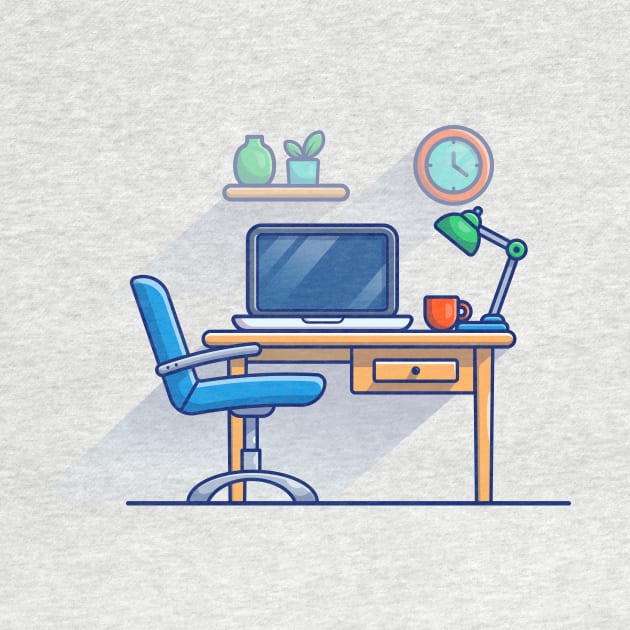 Work Bench, Desk, Laptop, Lamp, Plant, Cup, Clock And Floating Shelves Cartoon by Catalyst Labs